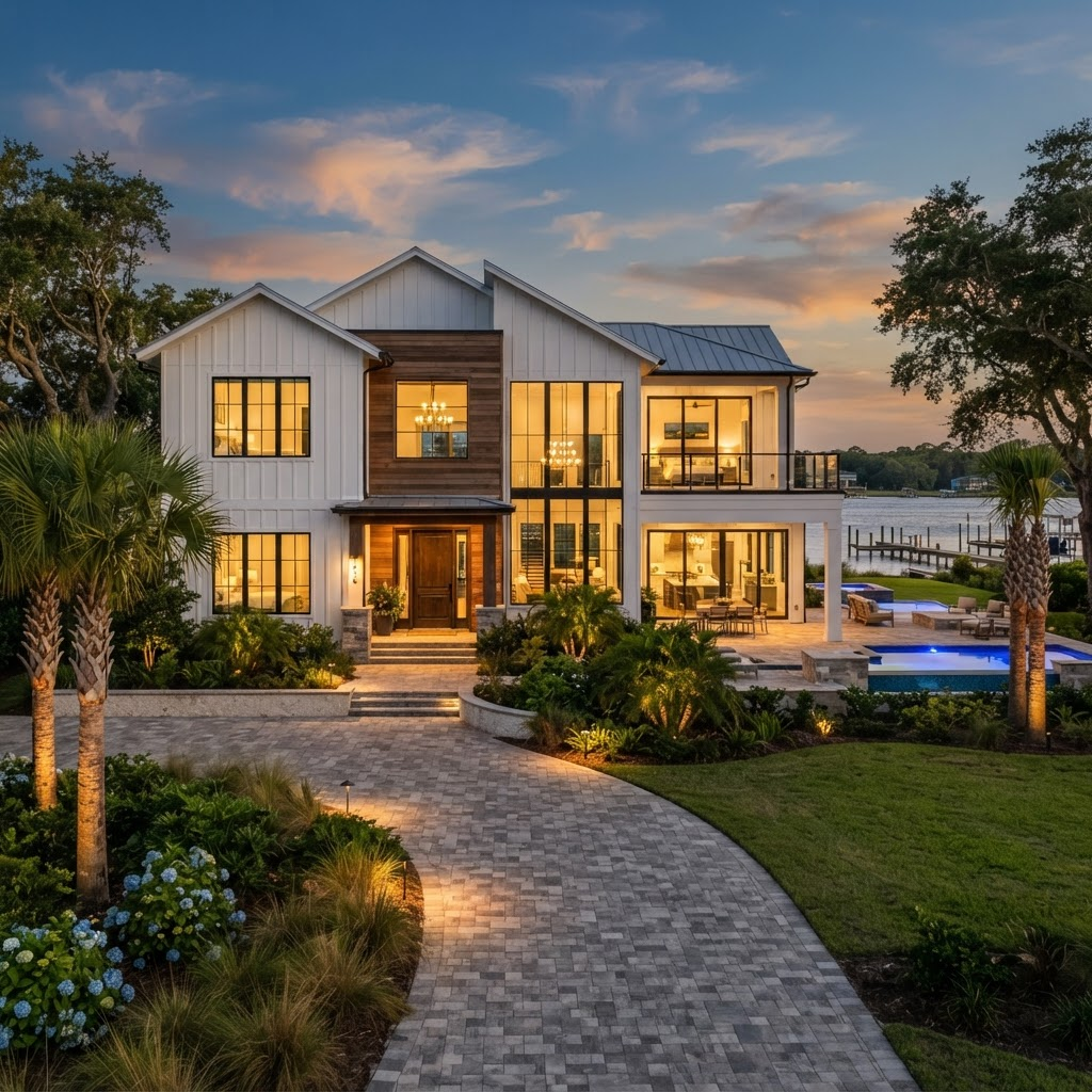 Modern custom home built by Jacksonville Custom Builders at dusk