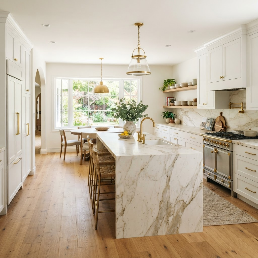 Renovated modern kitchen with marble island